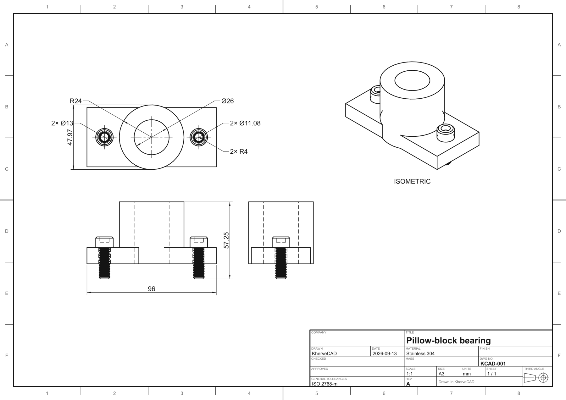 An automatic Blueprint engineering drawing of a pillow-block bearing, made by KherveCAD