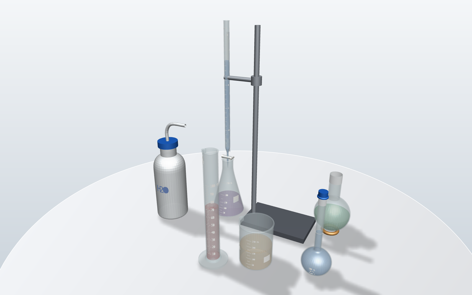 A chemistry bench from the parts library, liquids and all